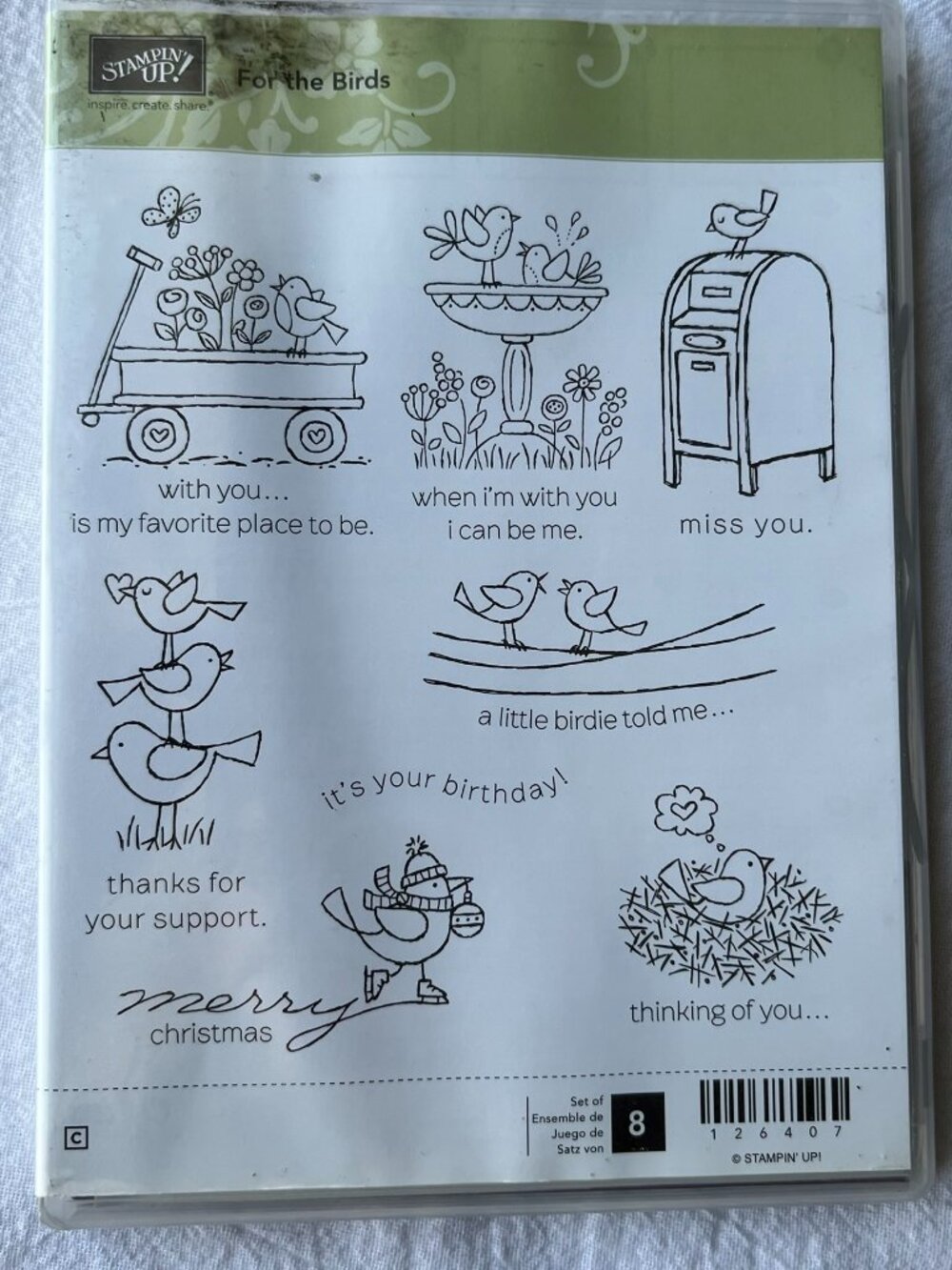 Stampin' Up! FOR THE BIRDS Stamp Set- Christmas Birthday Miss You Mailbox Wagon